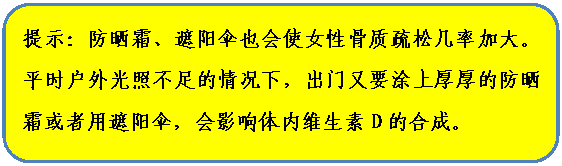 圆角矩形: 提示：防晒霜、遮阳伞也会使女性骨质疏松几率加大。平时户外光照不足的情况下，出门又要涂上厚厚的防晒霜或者用遮阳伞，会影响体内维生素D的合成。

